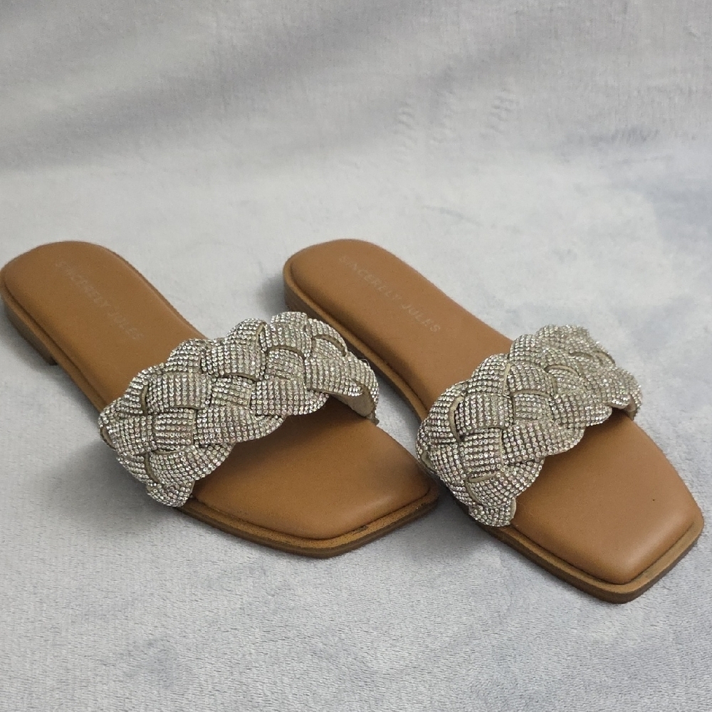 Sincerely Jules Rhinestone Braided Slide Sandals Womens Size 9.5 Square Toe - Picture 1 of 6